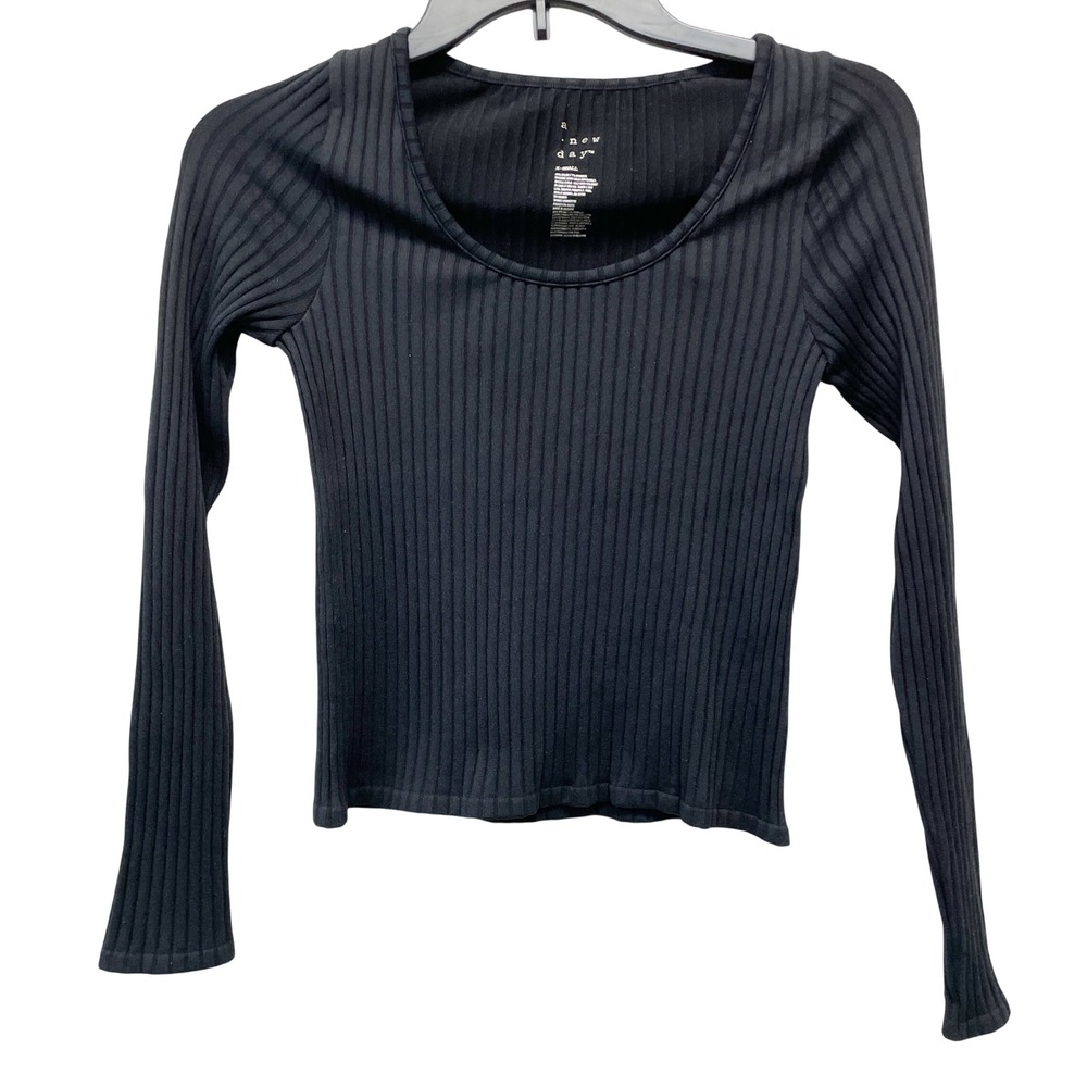 A‎ New Day Women's Black Ribbed Scoop Neck Slim Fit Long Sleeve Top Size XS